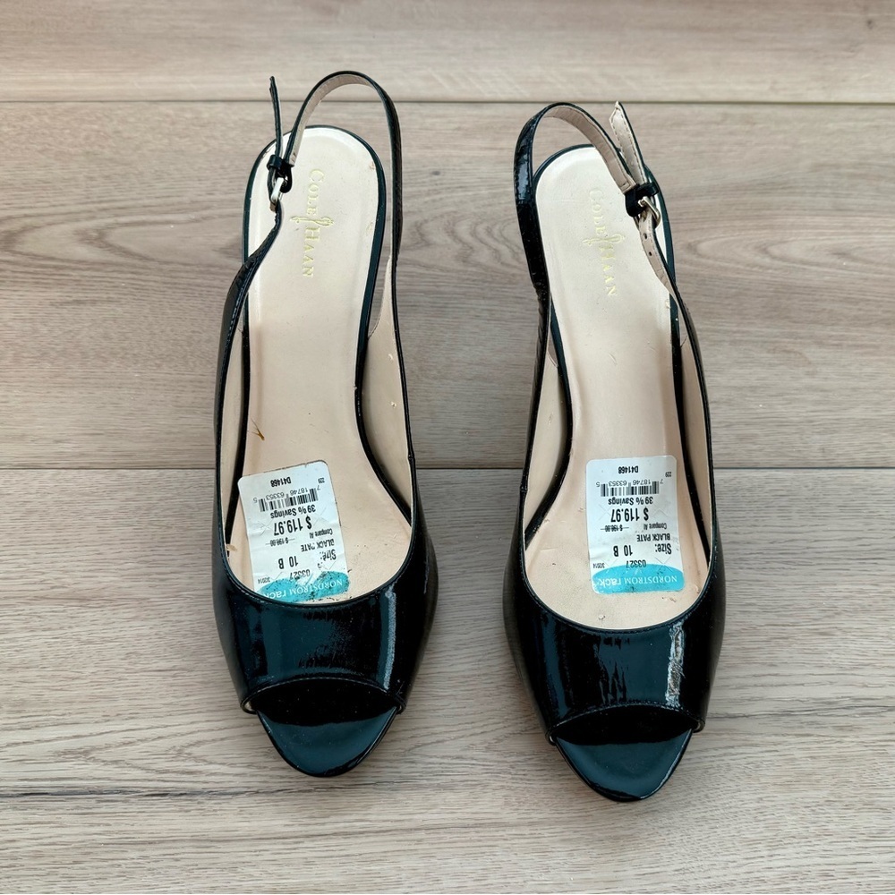 Cole Hahn Black Patent Leather Peep-Toe Heels Size 10 - Picture 2 of 7